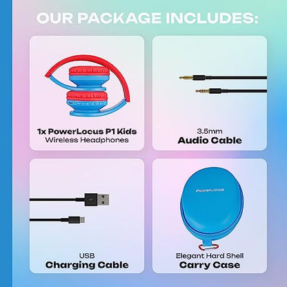 PowerLocus Bluetooth Headphones for Kids, Wireless Foldable Headphones Over Ear, Headphone with Microphone, 85DB Volume Limit, Wireless and Wired Headset with Micro SD, FM for Cellphones, Tablets, PC - color: Blue/Red