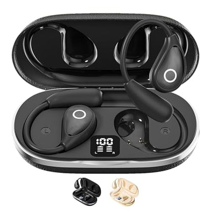 Open Ear Earbuds Wireless Bluetooth Headphones, 60Hrs Playtime, Stereo Sound Over Ear Buds with IPX7 Waterproof Noise Canceling Earphones, Ideal for Fitness, Travel - Black - color: Black
