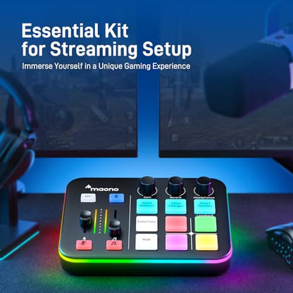 MAONO Gaming Audio Mixer & XLR Dynamic Microphone, Audio Interface with Pro-preamp, RGB, Bluetooth, 48V Phantom Power for Live Streaming, Podcasting, Content Create, Gaming