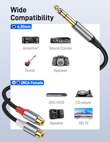 6.35 mm to 2RCA Cable, 6.35mm 1/4 Inch to 2 RCA Plug Audio Insert Cable, Gold Plated 1/4'' Male to Dual RCA Female Y Spliter Adapter Cable for Guitar, Piano, Speaker. - size: 1 Pack