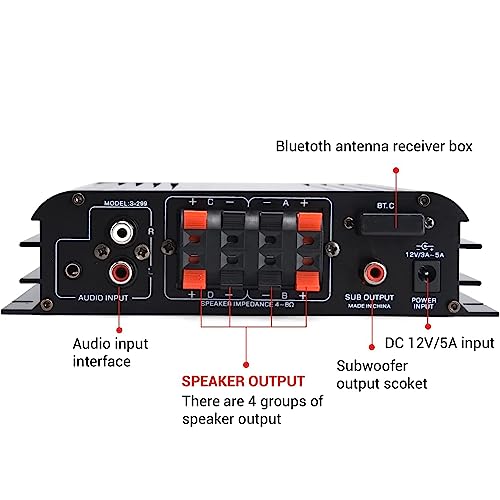 S299 Max 800W Bluetooth Home Audio Amplifier, RMS 40Wx4 4.1CH Bluetooth | Power Amplifier with Active Subwoofer, Sound Audio System w/AUX, Headphone Jack, USB, SD, Remote Control