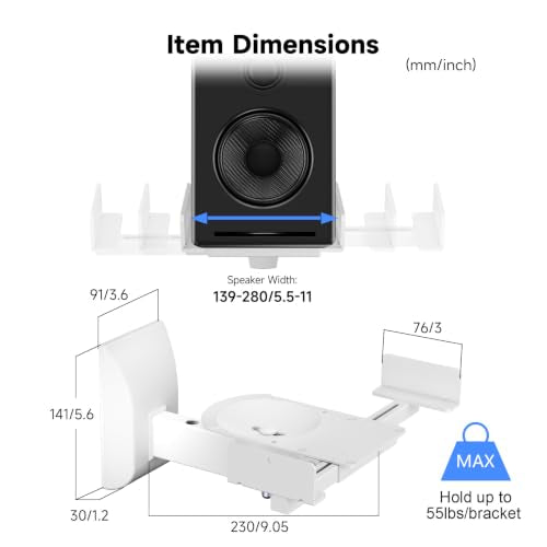 suptek Dual Side Clamping Bookshelf Speaker Wall Mounting Bracket for Large Surrounding Sound Speakers, Hold Up to 55 lbs, White (SPM201W) - size: Standard--white