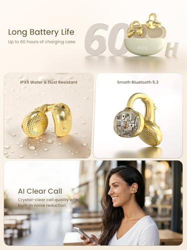 JewelPods C3 Wireless Bluetooth Earbuds, Jeweled Open-Ear Headphones, Gold | Ultra-Light Memory Wire Clip-On Earrings for All-Day Comfort, 60H Playtime, Sweat & Water Resistant, Premium Sound - color: Gold