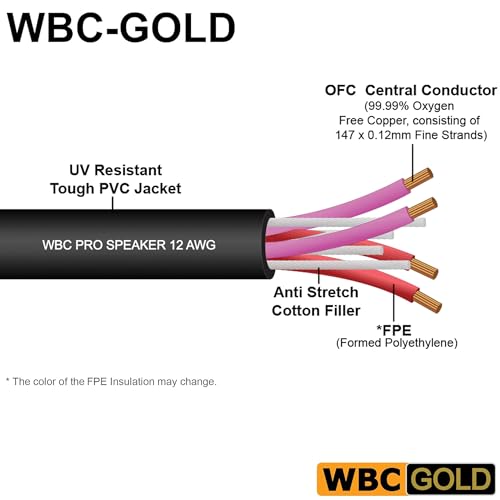 WORLDS BEST CABLES 50 Foot WBC-GOLD-LOCAP-SPKR-12 AWG - Low-Capacitance - Low-Inductance - High Purity OFC - Audiophile HiFi Bi-Wire Speaker Cable Pair with Eminence Gold Banana Plugs - size: 50 FT