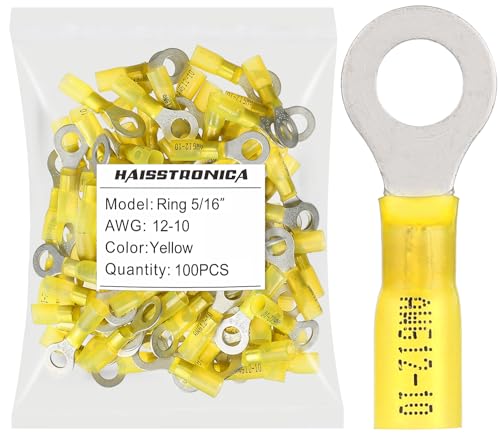 haisstronica 100PCS Heat Shrink Ring Terminals, 12-10 AWG, 5/16 in, Yellow | Battery and Ground Stud Connections, 1.0 mm Copper Barrel, 3:1 Adhesive-Lined Seal, Automotive Wiring Repairs, Ring Connector - color: Yellow, size: Ring 5/16"