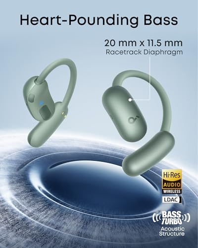 Soundcore AeroFit 2 by Anker Open Ear Earbuds, Open Ear Headphones, Earbuds | Real-Time Translation, 4 Adjustable Positions, 42H Playtime, Rich Bass, Hi-Res, IP55, AI Clear Calls, Wireless Charging - color: Minty Green, style: Standard