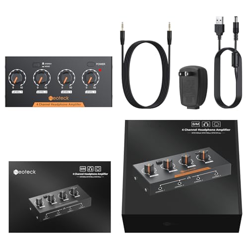 Neoteck 4 Channel Stereo Headphone Amplifier Audio Mono/Stereo Amplifier | with Volume Control 4 Channel in Metal with 3.5mm Audio Cable Suitable for Recordings/Mixing/Musical Practices