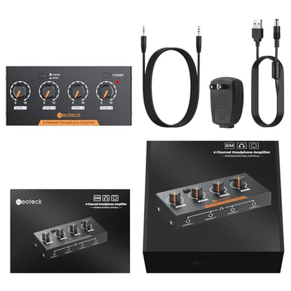 Neoteck 4 Channel Stereo Headphone Amplifier Audio Mono/Stereo Amplifier | with Volume Control 4 Channel in Metal with 3.5mm Audio Cable Suitable for Recordings/Mixing/Musical Practices