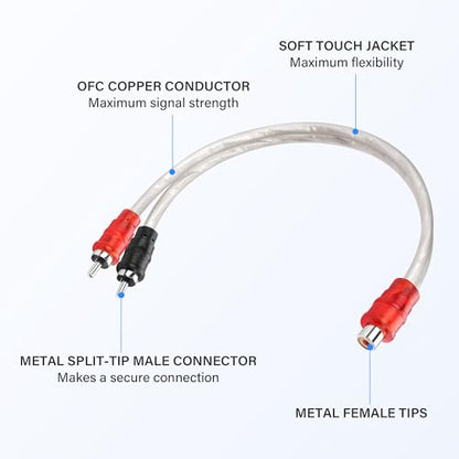 30cm RCA Y Splitter Cable，Shielded RCA RCA 1 Female to 2 Male Stereo Audio Cable for Car Audio, Subwoofer, TV, CD Player, Home Theater（2 Pack）