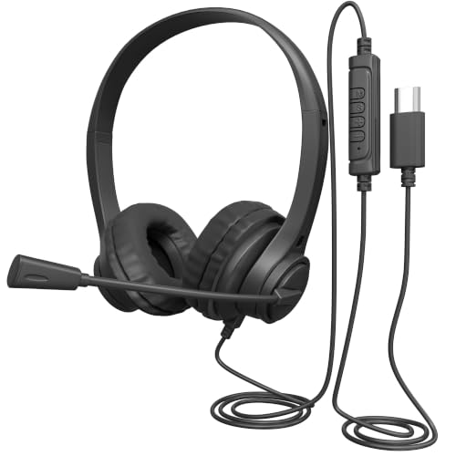 Wired On Ear USB-C Headset with Rotating Boom Mic, Volume Control, Mute Controls for Mic and Speaker, Adjustable Headband, Leather Cushions, 7ft Cable, Lightweight, for School, Office, Travel, Black