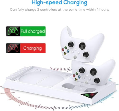YUANHOT Vertical Xbox Series X Cooling Stand, Fan & 2-Battery Charger Dock | Includes 2*1400mAh rechargeable batteries, headset & disc storage,vertical fan cooling for Xbox Series X console & controller - color: White