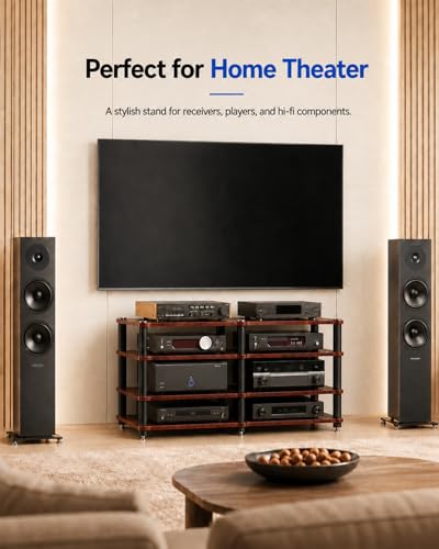 4 Tier Heavy Duty AV Media Stand, Stereo Stands and Racks, Teak | Audio Tower HIFI Rack Stereo Shelf 352 lb Load Capacity, vibration-dampening feet, open ventilation, Built for Hi-Fi systems - color: Teak, size: 4 tier