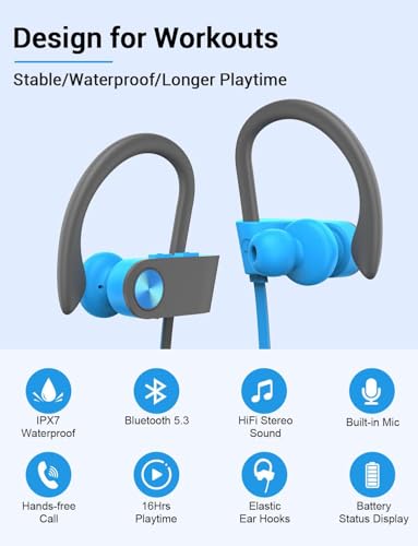 Bluetooth 5.3 Headphones, Wireless Sports In-Ear Earbuds IPX7 Waterproof | 16 Hours Playtime, Sweatproof Stereo Earphones with MIC, Noise Cancelling Headsets for Gym Running Workout, Clear Sound - color: Blue