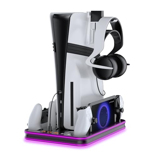 PS5 Pro/Slim/PS5 Stand and Cooling Station with RGB Lighting,Charging Station for PlayStation Portal & P5 Controller, PS Portal Charger,Headset and Remote Holders (Black) - color: Black