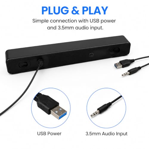 Computer Speakers USB Powered Wired Stereo with Illuminated Volume Knob and 3.5mm Aux Plug for PC Desktop Laptop Office with Clear Audio Easy Setup and Portable Design - color: Black