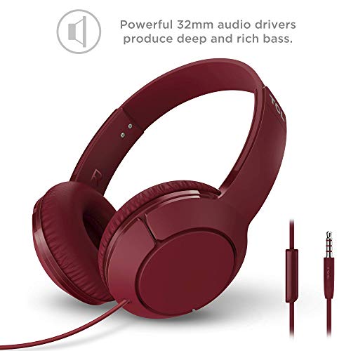 TCL Mtro200 On-Ear Wired Headphones Super Light Weight Headphones with 32mm Drivers for Huge Bass and Built-in Mic – Burgundy Crush - color: Burgundy Crush