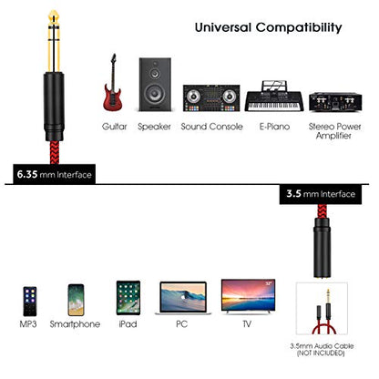6.35mm Male to Female Stereo Headphones Adapter, 15ft, TRS 1/4 to 3.5mm Cord, Quad-Layer Shielded, Gold-Plated Contacts, Premium Metal Shell, 12 Months Warranty - size: 15Ft/5M