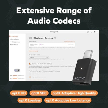 Creative BT-W6 wireless Bluetooth 5.4 and LE audio transmitter with Snapdragon audio, aptX Lossless, low latency and up to 24-bit/96kHz audio, works with PC/Mac/game consoles