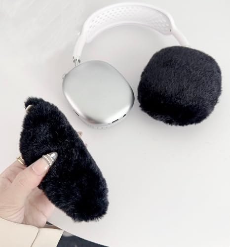 Fluffy Plush Case for AirPods Max Headphones, Cute Furry Fur Ear Cups Skin Soft Slicone Protective Cover for AirPods Max(Black) - color: Black