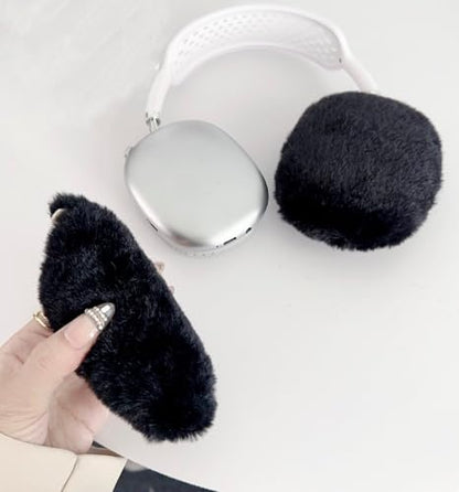 Fluffy Plush Case for AirPods Max Headphones, Cute Furry Fur Ear Cups Skin Soft Slicone Protective Cover for AirPods Max(Black) - color: Black