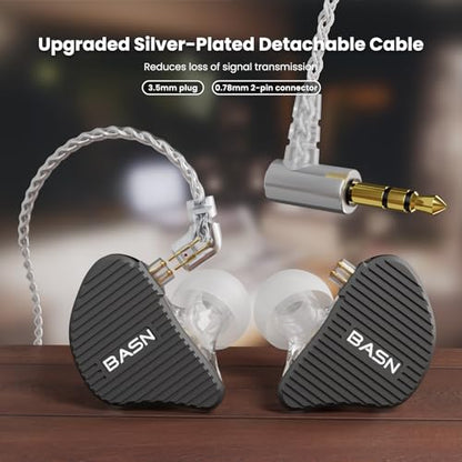BASN Mix-PD in Ear Monitor,1Planar Driver + 1Dynamic Driver HiFi IEM Earphones with CNC Crafted Metal Cover, Wired 0.78mm 2-Pin Silver Plated Detachable Cable for Musicians (Black) - color: Black