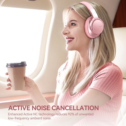 AUSDOM E7 Bluetooth Active Noise Cancelling Headphones, Wireless Over Ear ANC with Microphone, Hi-Fi Stereo Sound, 50H Playtime, Comfortable Earpads for Travel Work TV Phones, Rose Gold