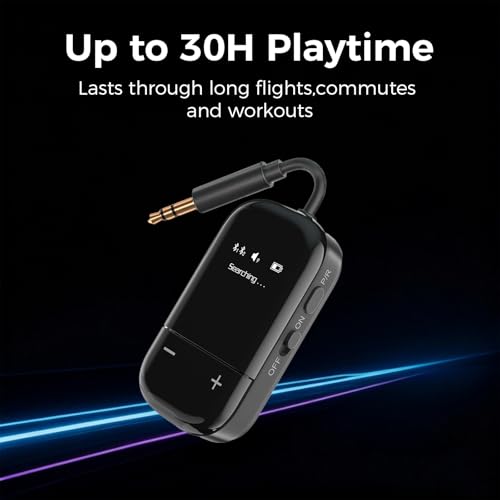 Airplane Bluetooth 5.3 Audio Transmitter with Qualcomm aptX Adaptive, LCD Display, Dual Device Support, 30Hr Battery, 3.5mm AUX for Travel, Flight, Gym