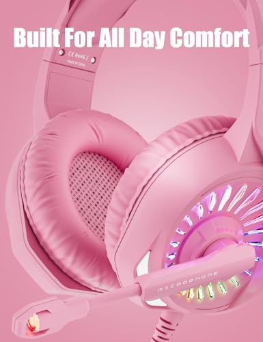 ZIUMIER Wired Pink Gaming Headset for PC, PS5, PS4, Xbox Series X|S | 노이즈 캔슬링 마이크, LED RGB 조명, 50mm 드라이버, 3.5mm 오디오 잭, 소프트 메모리 폼, 멀티 플랫폼 헤드폰 - color: 핑크