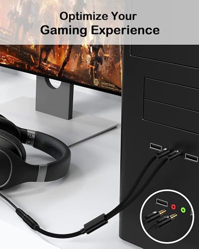 Headphone Mic Splitter for PC, 3.5mm TRRS Female to Dual Male TRS Adapter | 2-in-1 Braided Y Separator Aux Dongle Converters Audio Cable Cord for Headset Microphone Gaming Computer Speaker PC Laptop