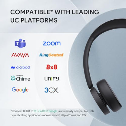 Yealink BH70 Teams Bluetooth Headset with Mic for Work, 35h Talk Battery | AI 3-Mic, 147g Lightest in its class, Teams Certified & Cisco Zoom Google 100+ Compatible, for Open Office/ WFH/ Call Center - color: Black (Teams), style: Dual (USB-C to A)