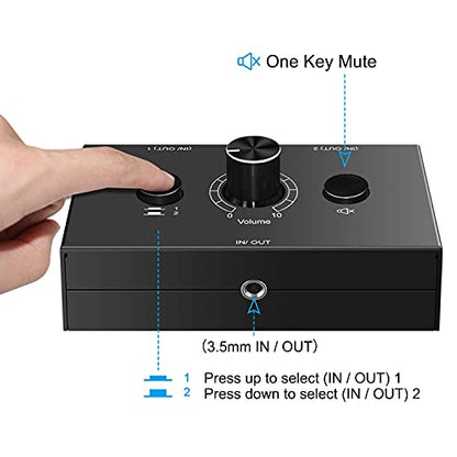 3.5mm L/R Stereo Audio Switch 2-Way Switcher Manual Selector Audio Spliter Box 1 in 2 Out/2 in ONE Out Audio Sharing (Black)