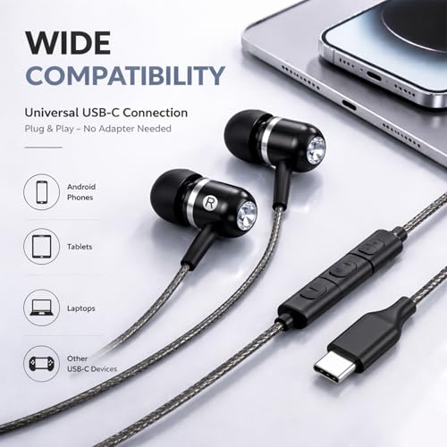 ADOOPE USB-C Wired Earbuds with Microphone, in-Ear Headphones for Android & USB-C Devices, Noise-Isolating Stereo Earphones with Inline Remote for Phone Calls, Music & Video - Black - color: Black