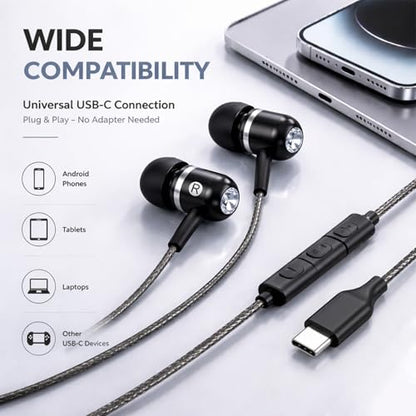 ADOOPE USB-C Wired Earbuds with Microphone, in-Ear Headphones for Android & USB-C Devices, Noise-Isolating Stereo Earphones with Inline Remote for Phone Calls, Music & Video - Black - color: Black