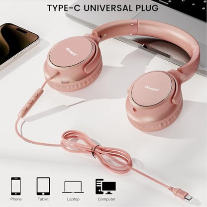 USB C Wired Over-Ear Headphones with Microphone | Volume Control, Share Port, Adjustable Headband Foldable Stereo Headset for Adult/Teens for iPhone 16, Laptop, Gaming, Travel - color: Rose Gold