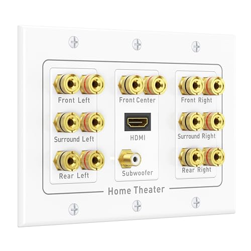Cable Matters Triple Gang 7.1 Speaker Wall Plate with HDMI, White | HDMI Pass-through, Gold-Plated Binding Posts, Banana Plug Compatible, for Home Theater Wiring - style: 7.1-Speaker w/ HDMI