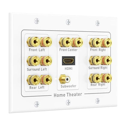 Cable Matters Triple Gang 7.1 Speaker Wall Plate with HDMI, White | HDMI Pass-through, Gold-Plated Binding Posts, Banana Plug Compatible, for Home Theater Wiring - style: 7.1-Speaker w/ HDMI