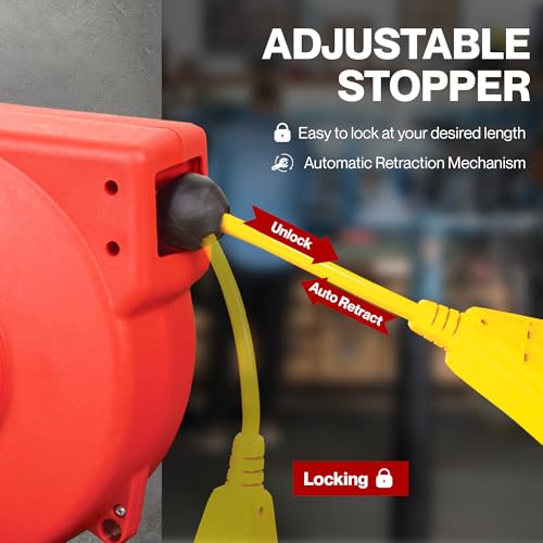 ReelWorks Retractable Extension Cord Reel Polypropylene 12AWG x 40' Foot | Industrial Commercial Grade 3C SJT Cable Triple Tap Connector 15A 125VAC 1875W 60Hz Current Interrupter Best for Indoor Use