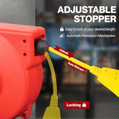 ReelWorks Retractable Extension Cord Reel Polypropylene 12AWG x 40' Foot | Industrial Commercial Grade 3C SJT Cable Triple Tap Connector 15A 125VAC 1875W 60Hz Current Interrupter Best for Indoor Use