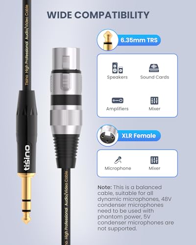 Tisino Female XLR to 1/4" TRS Balanced Stereo Microphone Cable, 3.3FT/1m | 6.35mm Stereo Jack 1/4" to XLR Female Balanced 3-PIn XLR Cable for Studio Mixer, Speaker, Gold-Plated OFC Audio Cord - size: 1m/3.3ft