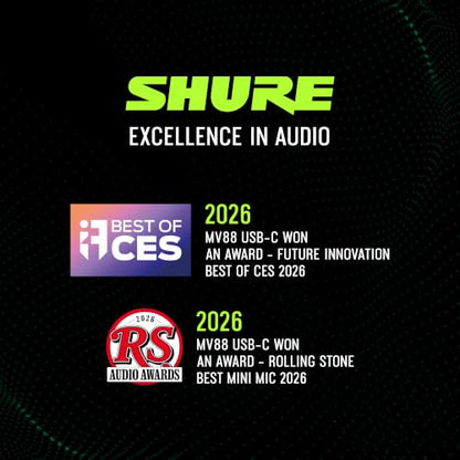 Shure MV88 USB-C Microphone for Mobile Recording - Black | Portable USB-C mic for vlogging with auto level mode, real-time denoiser and four selectable polar patterns