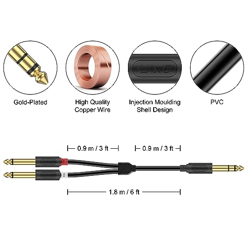 J&D 1/4 Inch TRS to Dual TS Y Splitter Cable, Gold Plated 6.35mm Stereo Male to 2 Mono Male Breakout Cable for Audio Interface, Mixer, Amplifier [Audiowave Series], 6 Feet - size: 6 Feet