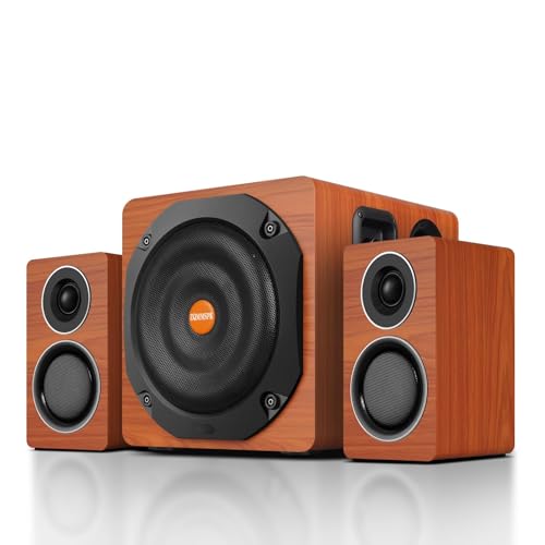 2.1 Computer Speakers with Subwoofer, 100W RMS, Bluetooth 5.3, Brown | A 6.5-inch subwoofer, wood cabinets and silk dome tweeters. AUX/RCA, optical and coaxial inputs for PCs, TVs and turntables. - color: Brown
