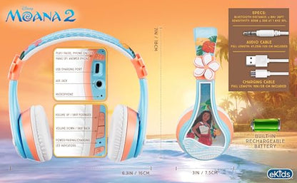 Disney Moana 2 Bluetooth Headphones for Kids Wireless Headphones for School | Volume Reduced and Built-in Microphone - color: Moana