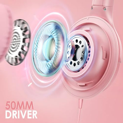 USB C Over Ear Headphones Wired with Mic Volume Control, Pink - color: Coral Pink
