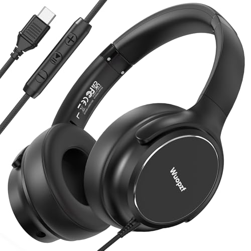 USB C Wired Over-Ear Headphones with Microphone | Volume Control, Share Port, Adjustable Headband Foldable Stereo Headset for Adult/Teens for iPhone 16, Laptop, Gaming, Travel - color: New Black