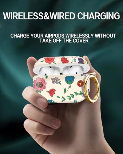Cute Hard Case Compatible with AirPods Pro 2nd/1st Generation, Protective Cover with Golden Keychain, Fits 2023/2022/2019 Models, for Women, Girls, and Men(Cute Cartoon Flower - color: Cute Cartoon Flower