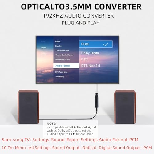 192KHz DAC Optical to 3.5mm Converter,Optical Audio Cable to AUX Cable Adapter,Digital to Analog Audio Converter for HDTV DVD Set-top Boxes (Unidirectional from O-ptical to A UX Only) Aux Cable - 3FT - size: 3FT