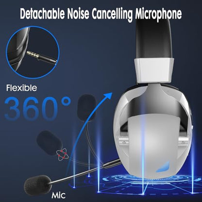 Wireless Gaming Headset for PS5, PS4, PC, Nintendo Switch, 2.4GHz USB Gaming Headphones, Bluetooth 5.3, 50H Battery, Noise Canceling Microphone, ONLY 3.5mm Wired Mode for Xbox Series-Black and White