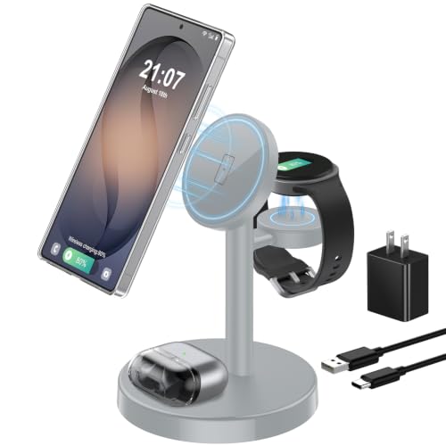 Magnetic Wireless Charger for Samsung, 3 in 1 Super Fast Charging Station Compatible with MagSafe, Phone Charger Stand for Samsung Galaxy S26 Ultra S25 Z Fold/Flip 8, Watch Ultra 8 7 6, Buds 4/3 Pro - color: Titanium Gray