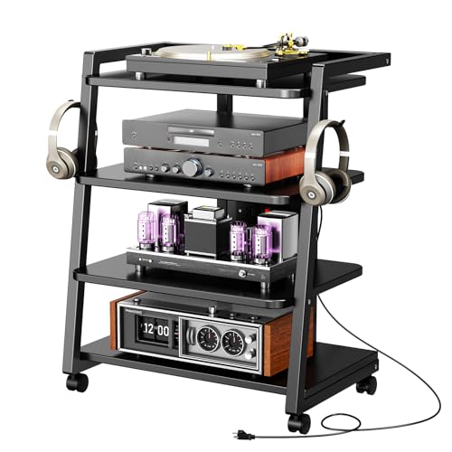 CABTE Mobile AV Media Stand with Outlets and 4 Rolling Caster Wheels | 4-Tier Rolling TV Stand for Gaming Console, Stereo, DVD Player, Sturdy Metal Frame, Versatile Living Room,Bedroom (Black) - color: Black